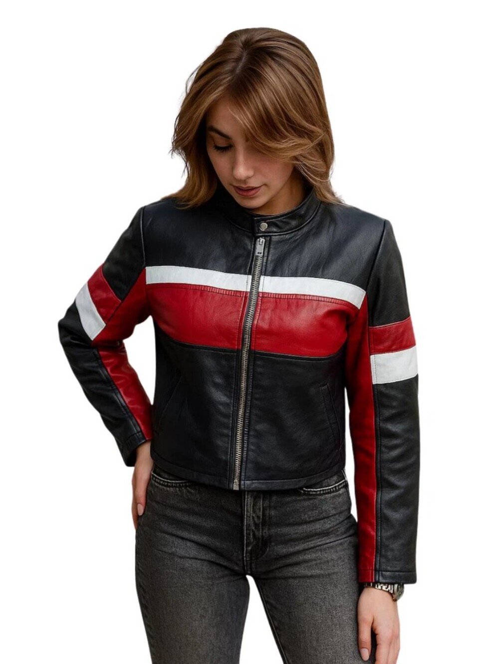 Cider Black Leather Jacket with Red & White Racing Stripe